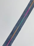 No5 Denim Nylon Teeth zip. Sold in Packs 1-1/2 metre lengths- Comes in 4 Colour Teeth ways
