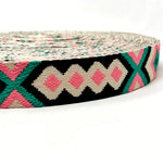 38mm Wide-  Tribal Webbing- using colours stone, pink, jade and black- Sold by 1/2 metre units