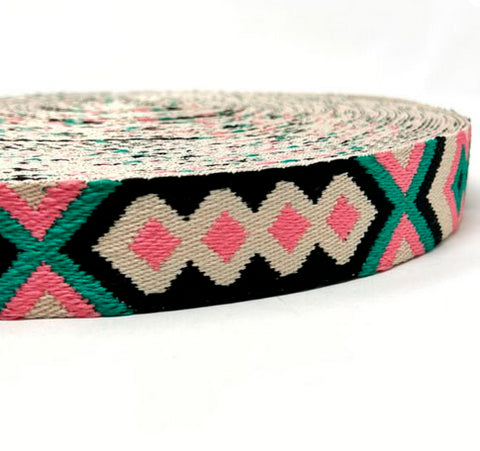 38mm Wide-  Tribal Webbing- using colours stone, pink, jade and black- Sold by 1/2 metre units