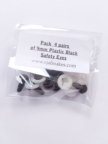 Pack of 4 pairs of 9mm Plastic Safety Eyes