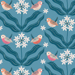Cloud 9 Fabric- Wrens in the Ramsons Blue - from Tiny and Wild by Sue Gibbins- SOLD BY THE HALF METRE